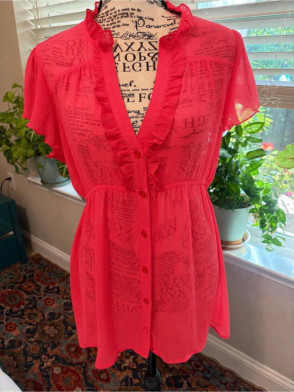 Y2K FANG Coral Red Ruffle Button-Front Tunic